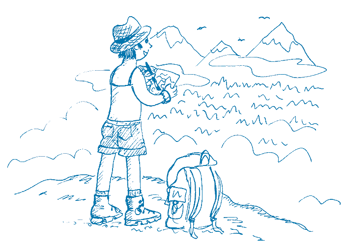 Illustration en bichromie d'une dessinatrice dans un paysage de montagne dessinant dans son carnet de voyage.
